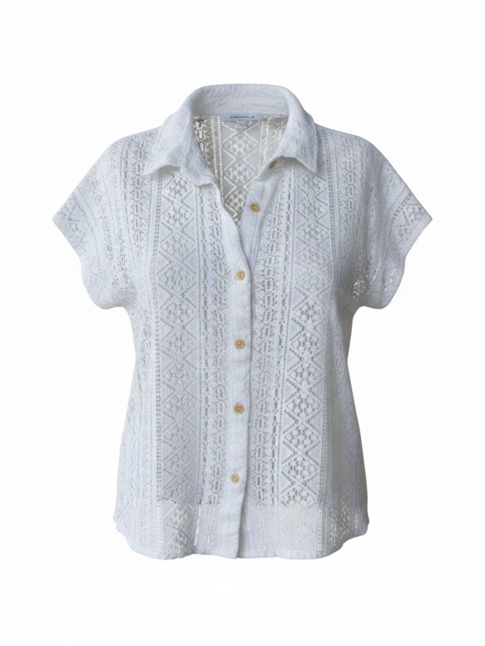 Lightweight White Crochet Button-Down Shirt - Short Sleeve